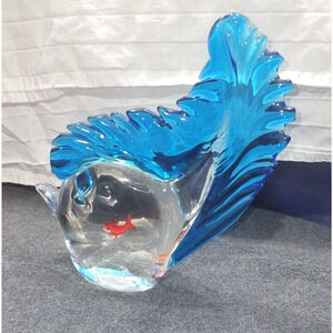 Murano Style Clear Blue Fish Within a Fish Flared Large Heavy Art Glass Figure